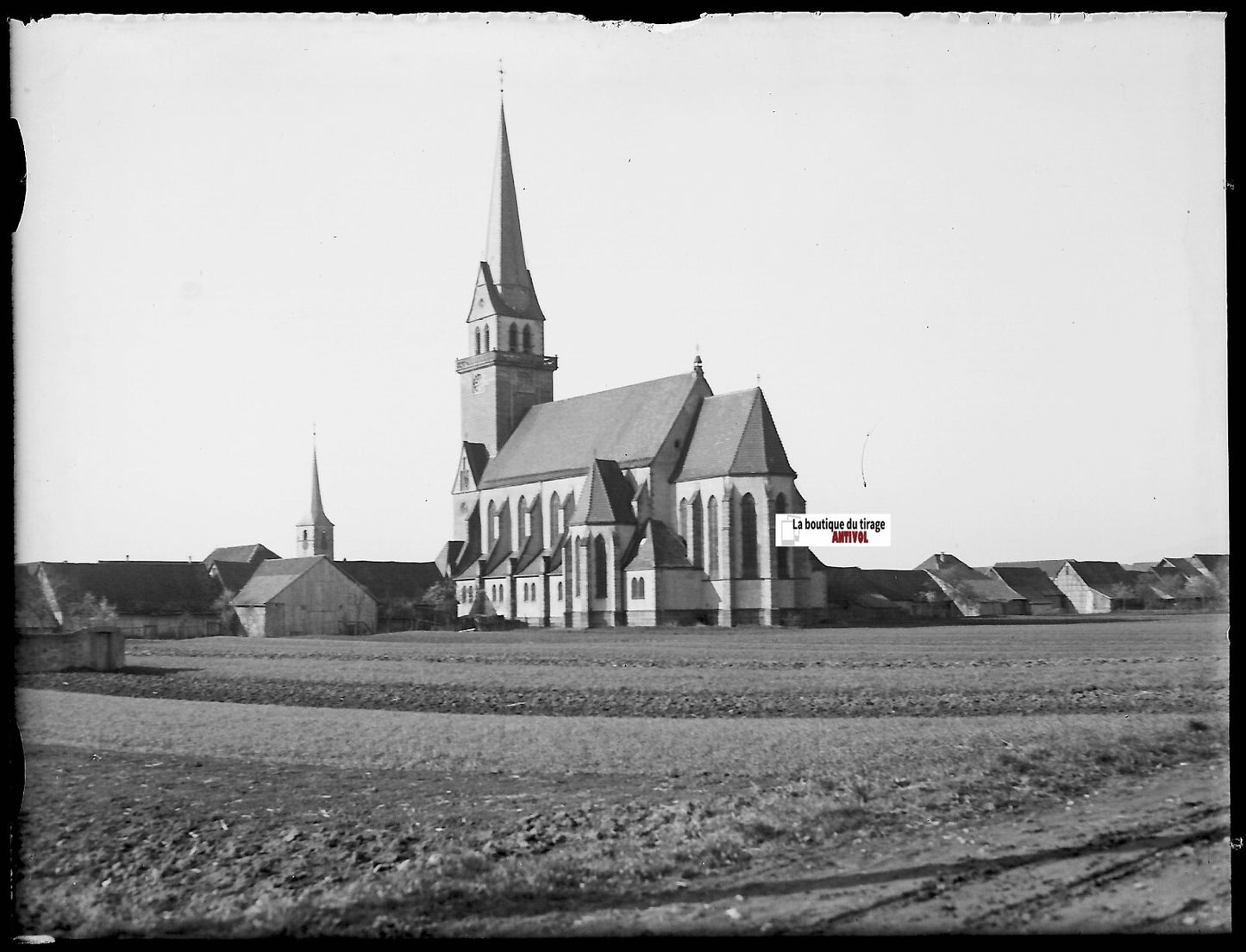 Meistratzheim église, Plaque verre photo, négatif ancien noir & blanc, 9x12 cm