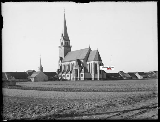 Meistratzheim église, Plaque verre photo, négatif ancien noir & blanc, 9x12 cm