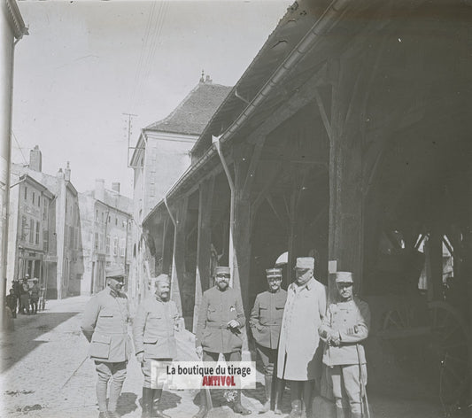 Officiers, village, guerre WW1, plaque verre photo ancienne stéréo 6x13 cm