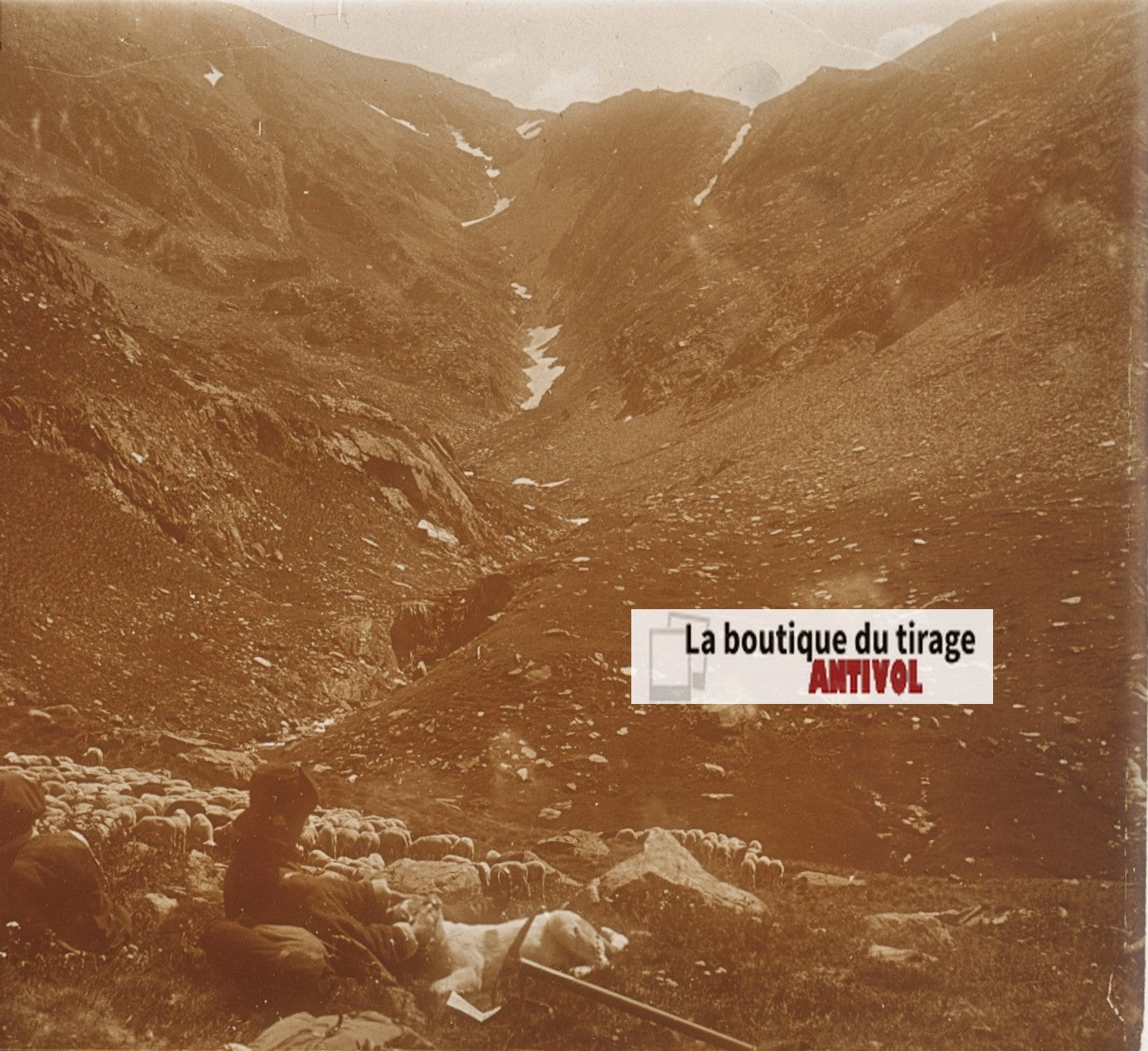 Col de Gistaín, Pyrénées, plaque verre, photo ancienne stéréo, sépia 6x13 cm