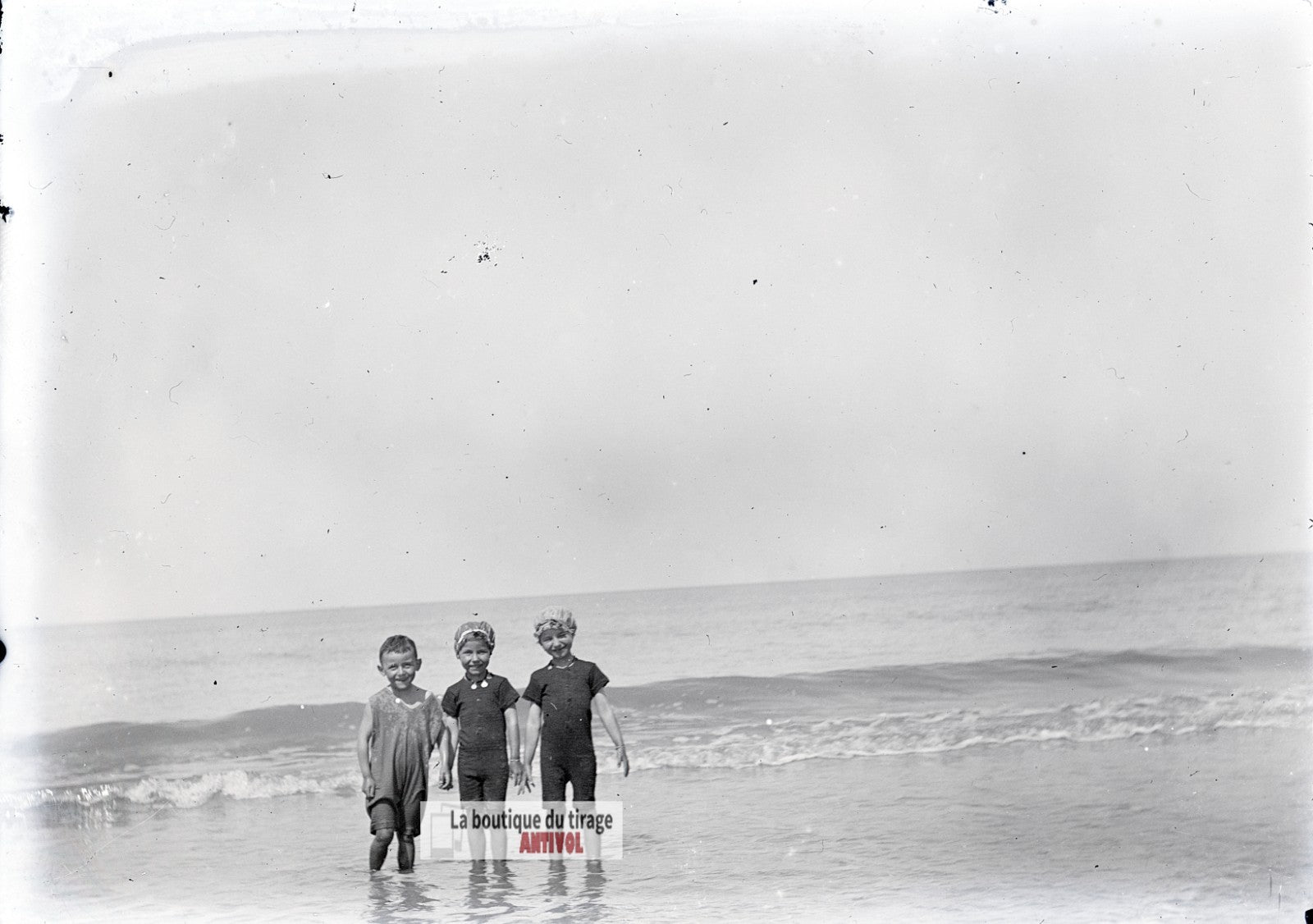 Berck-sur-Mer, baignade enfants, plaque verre photo ancienne, négatif 9x12 cm