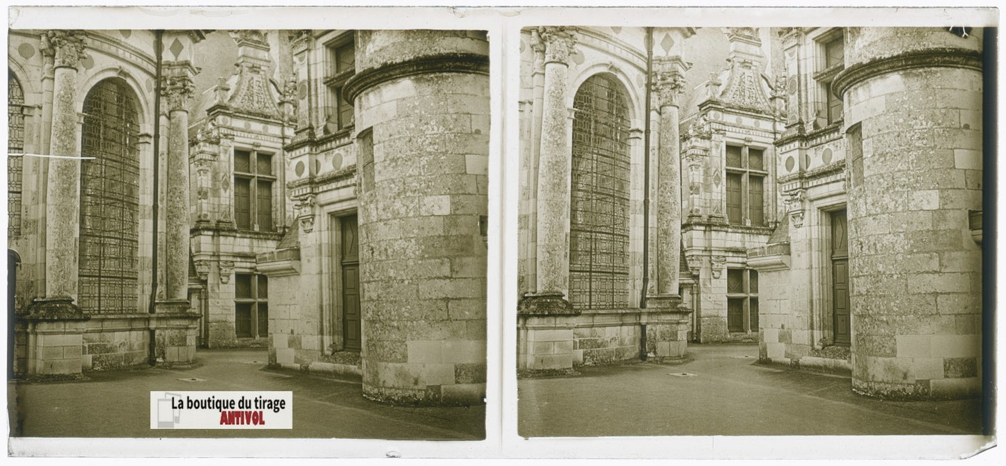 Château de Chambord, plaque verre, photo stéréoscopie, noir & blanc 6x13 cm