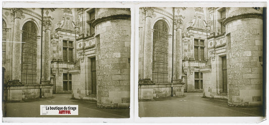 Château de Chambord, plaque verre, photo stéréoscopie, noir & blanc 6x13 cm