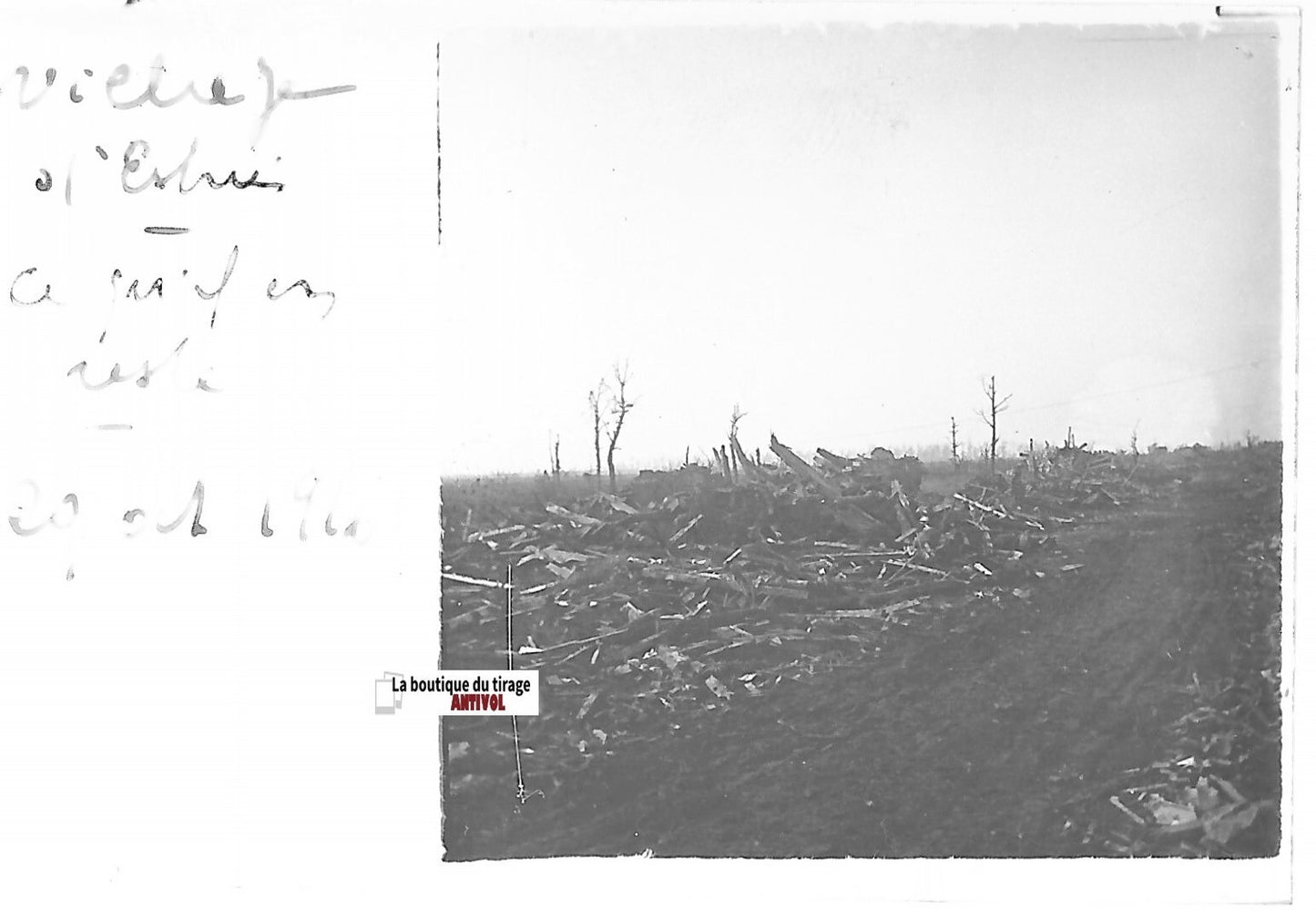 Estrées bombardement WW1, Plaque verre stéréo, positif noir & blanc 4,5x10,7 cm