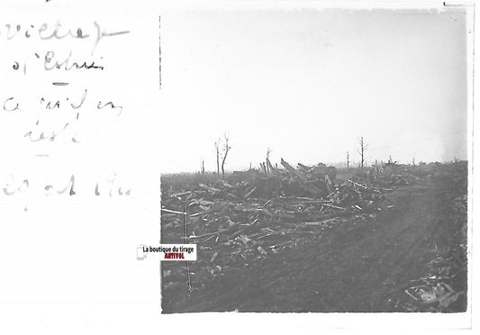 Estrées bombardement WW1, Plaque verre stéréo, positif noir & blanc 4,5x10,7 cm