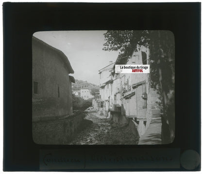 Vieilles maisons, Condrieu, photo ancienne plaque verre, positif 8,5x10 cm