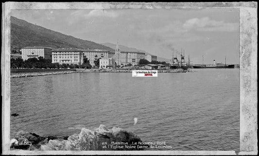 Plaque verre photo, négatif noir & blanc 9x14 cm, Corse, port de Bastia, bateaux