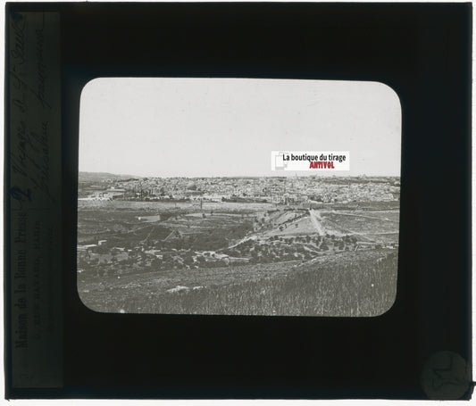 Jérusalem, paysage, photo plaque verre, noir & blanc, positif 8,5x10 cm