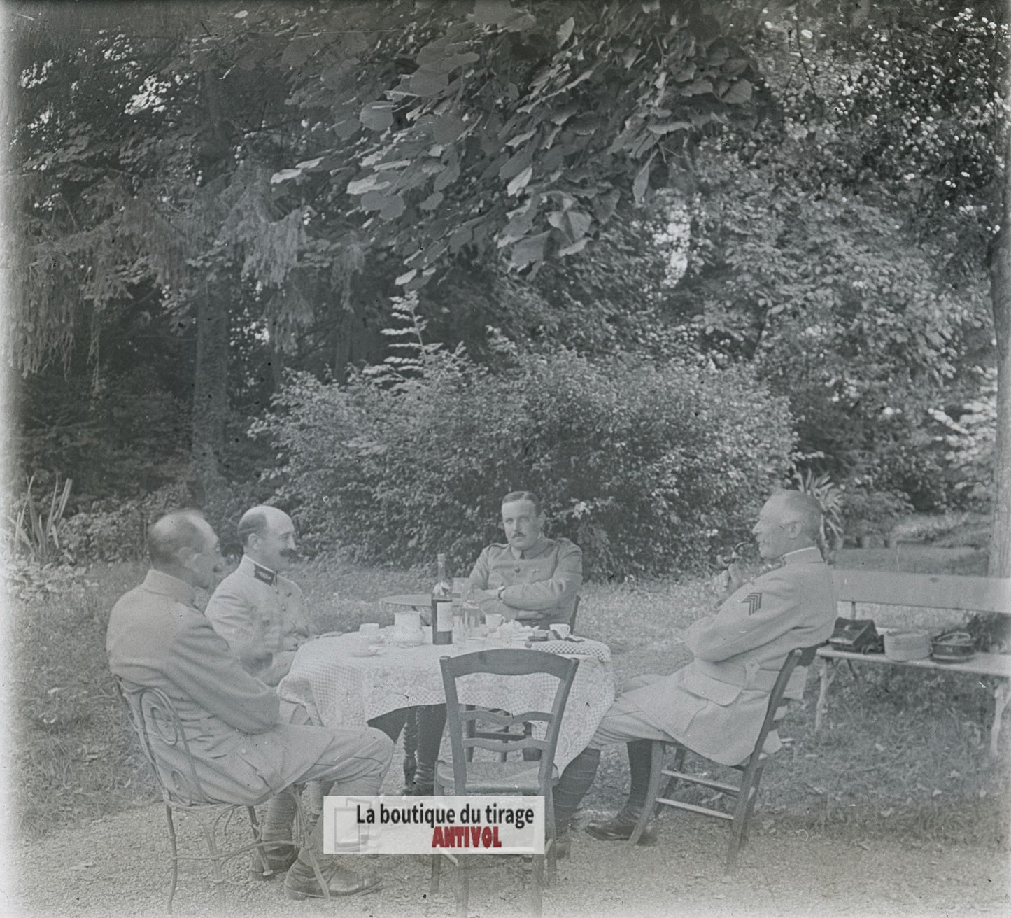 Officiers, Pause café, WW1, plaque verre photo ancienne stéréo 6x13 cm