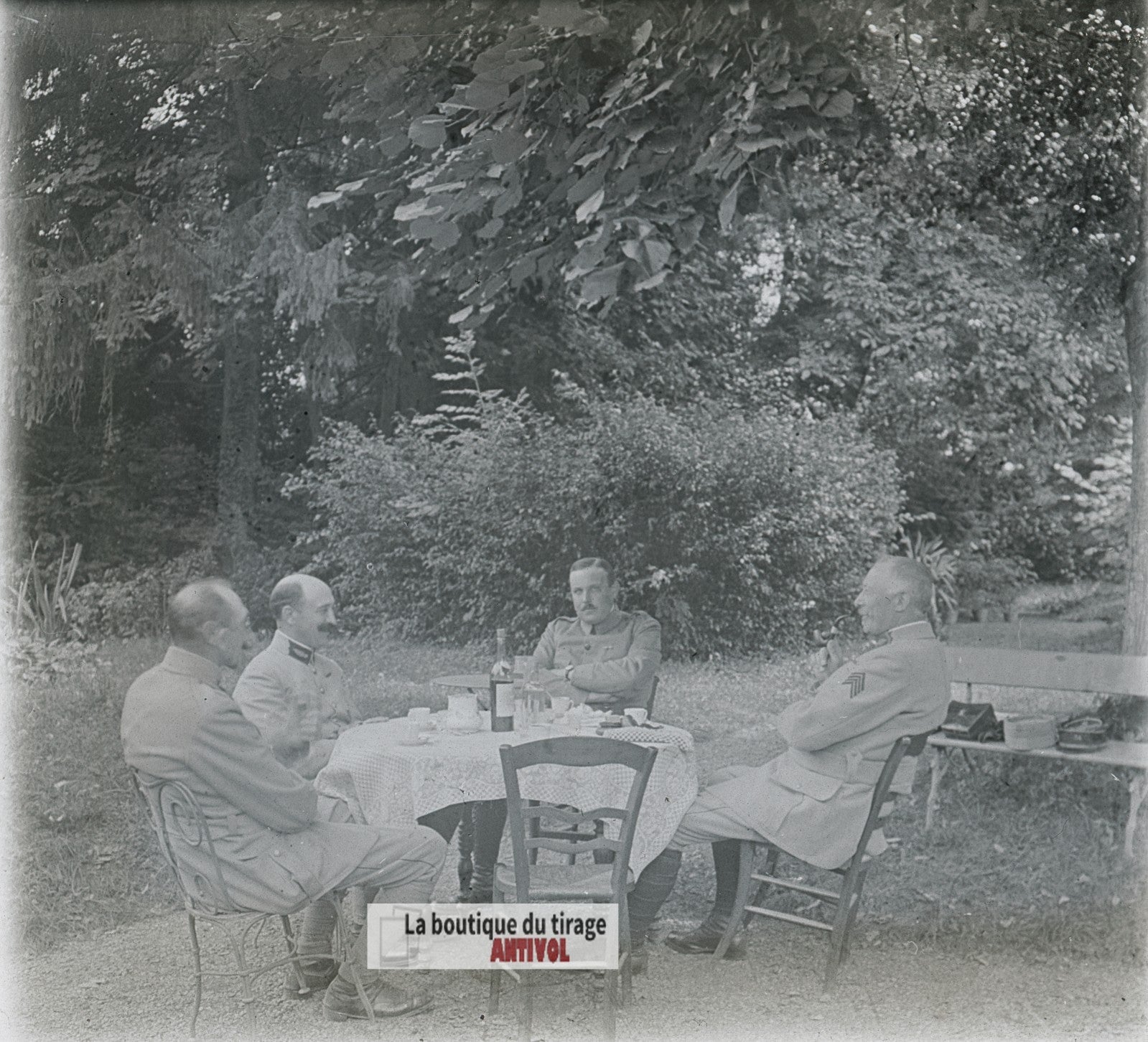 Officiers, Pause café, WW1, plaque verre photo ancienne stéréo 6x13 cm