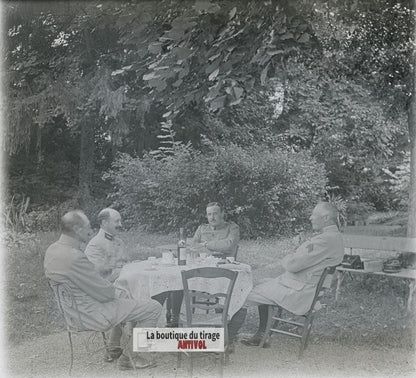 Officiers, Pause café, WW1, plaque verre photo ancienne stéréo 6x13 cm