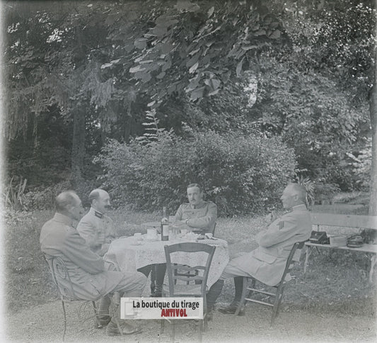 Officiers, Pause café, WW1, plaque verre photo ancienne stéréo 6x13 cm