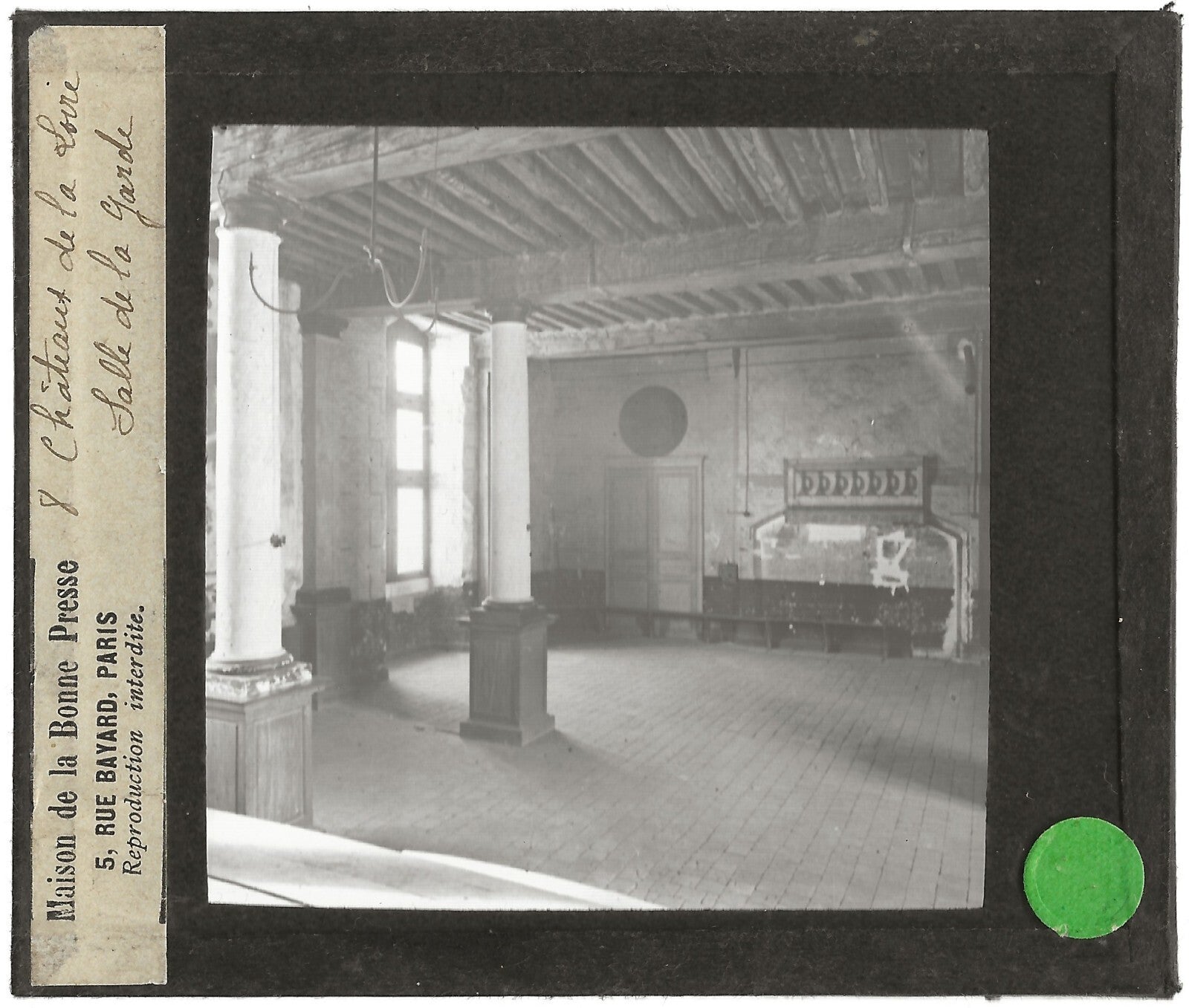 Salle Garde, château Loire, photo ancienne plaque de verre, positif 8,5x10 cm
