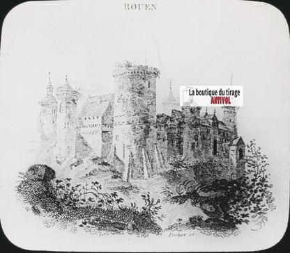 Jeanne d'Arc, château de Rouen, plaque ancienne verre, positif 8,5x10 cm