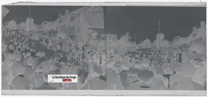 Fête de village, France, plaque verre, photo ancienne, négatif N&B 6x13 cm
