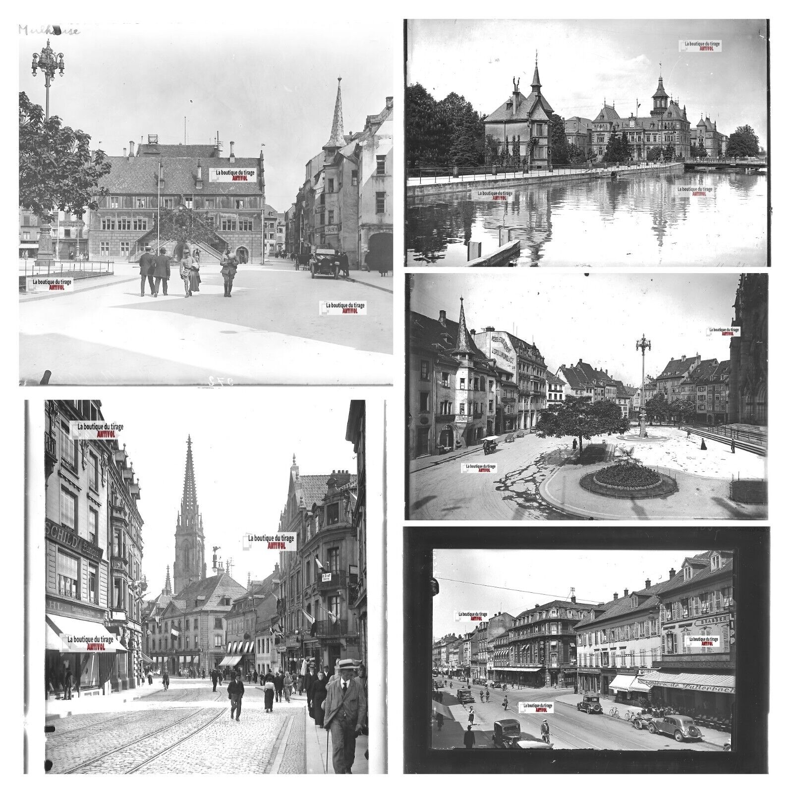 Mulhouse, voitures, soldats, photos plaque de verre, lot de 5 positifs 13x18 cm