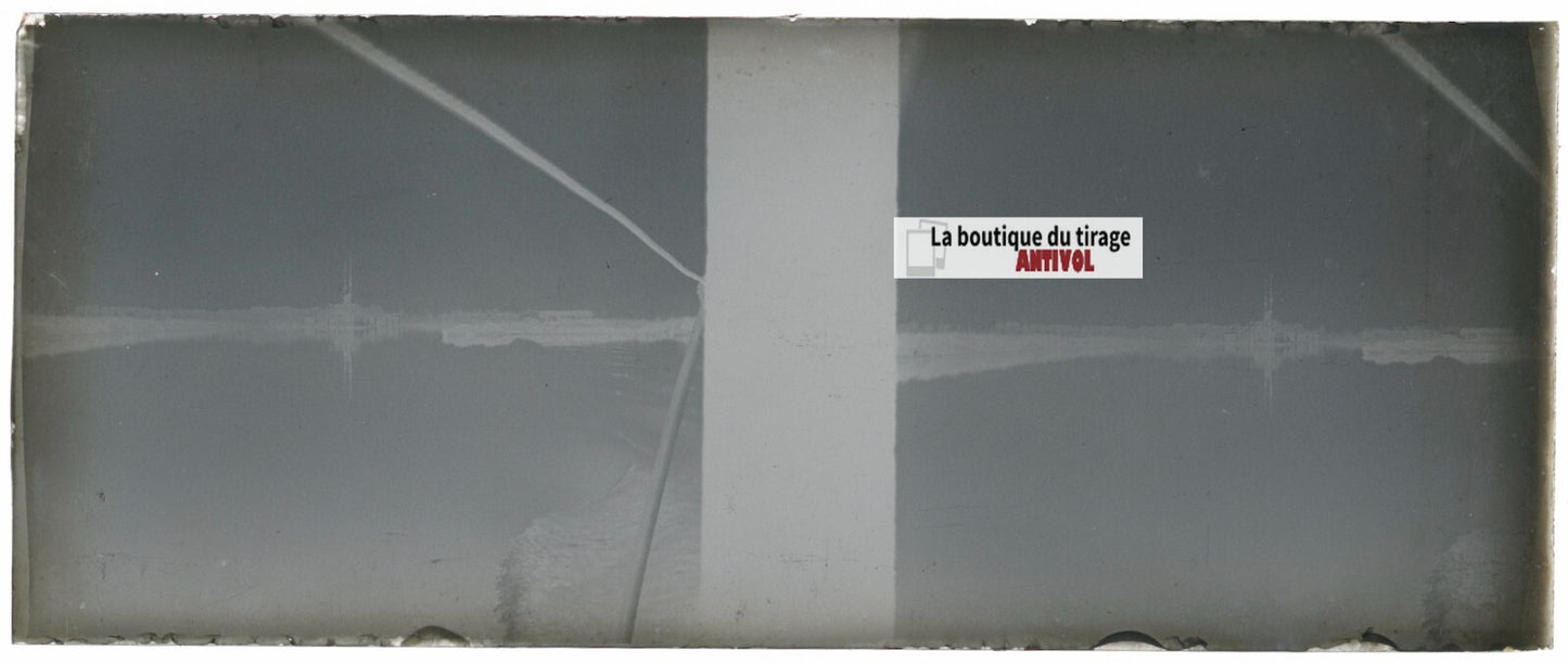 Bateau, mer, Plaque verre stéréoscopie, négatif noir & blanc 4,5x10,7 cm