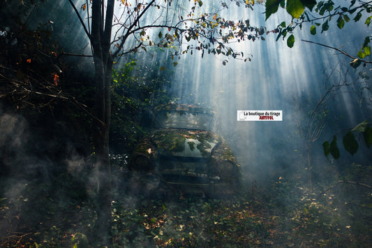 EDITION LIMITEE, Photo d'une ancienne voiture Simca Aronde perdue dans les bois - La Boutique Du Tirage 